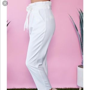 White high waisted paper bag pants